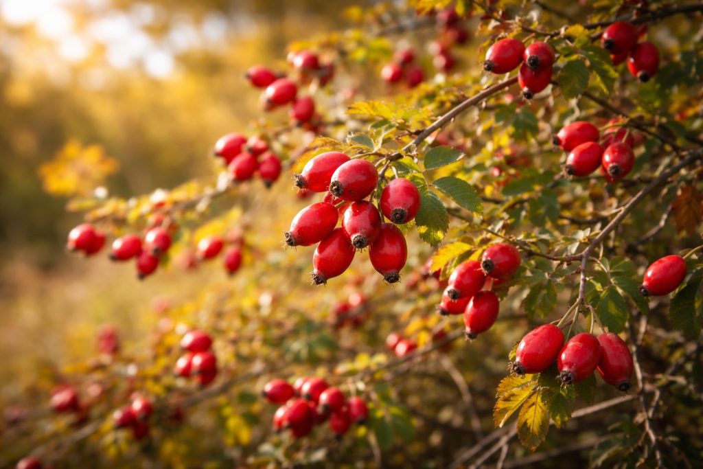 Érett csipkebogyó a csipkerózsa bokron ősszel