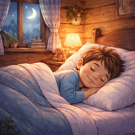 Nyugodtan alvó kisgyermek meleg fényű, falusi szobában – a békés alvás és biztonság érzésének megjelenítése